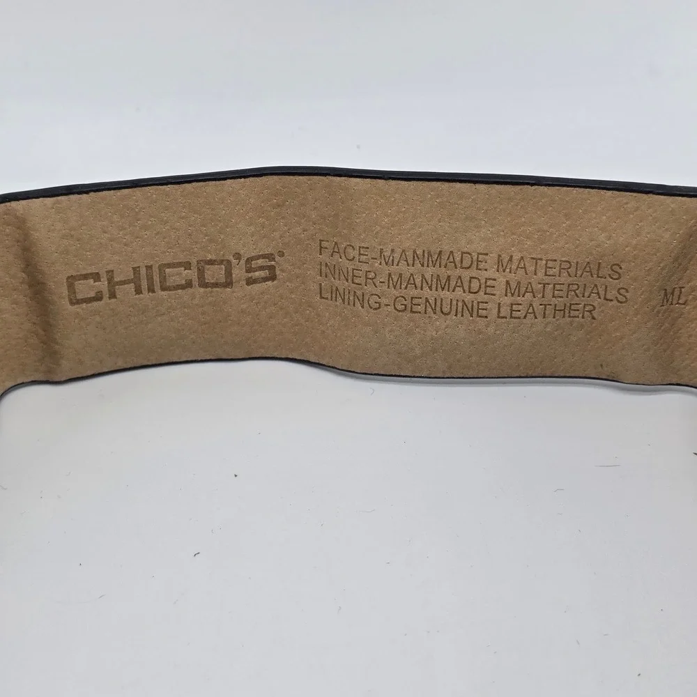 Chico's Belt Glitzy Rhinestones Black Leather Hook Silver Gold Circle Buckle M/L